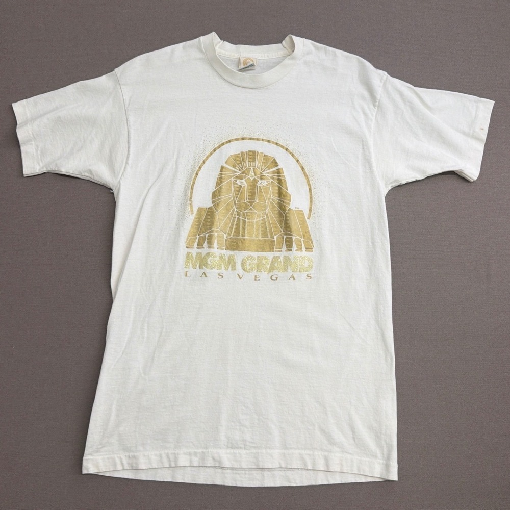 Vintage 1993 MGM Grand Las Vegas Lion Sphinx T-Shirt White Gold Mens Medium L